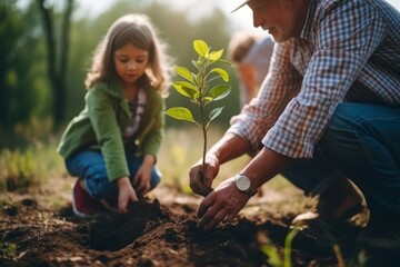 A diverse family honors a loved one's memory by jointly planting a tree in a serene forest, symbolizing life, love, and legacy - obrazy, fototapety, plakaty
