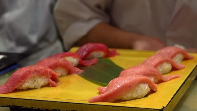 Fatty Tuna Nigiri Sushi on Plate, Kyoto, japan