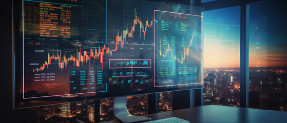 a big data technology for business finance analytic concept shows massive information of business sale report, profit chart and stock market trends analysis created by generative AI