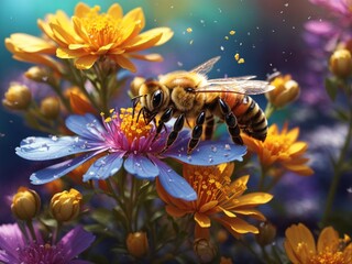 çiçekten polen toplayan arı, rengarenk çiçekler,  - obrazy, fototapety, plakaty