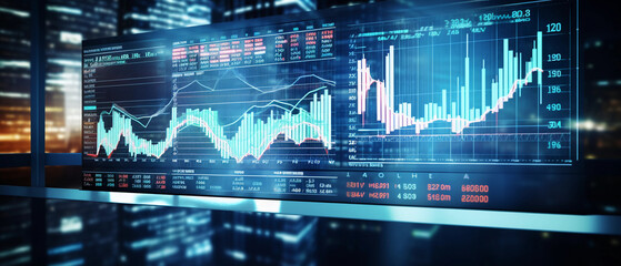 a big data technology for business finance analytic concept shows massive information of business sale report, profit chart and stock market trends analysis created by generative AI