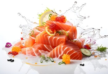 Sashimi splash, fresh salmon with water splash, isolated on white background