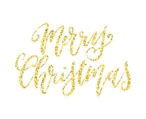 Merry christmas greetinig card with golden glitter lettering