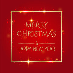Handwritten Christmas and New Year greetings in a glowing frame, modern festive calligraphy lettering in golden over red
