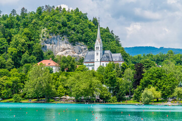 A view across Lake Bled towards the church in Bled, Slovenia in summertime
