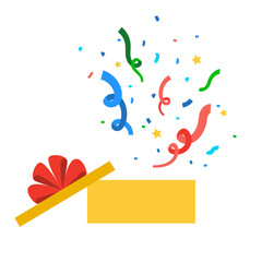 Opened gift box with a bow and scattered confetti. Flat present. Illustration on transparent background