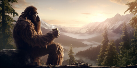Bigfoot drinking a hot cup of coffee with scenic mountain view. Generative AI