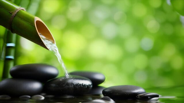 zen stones and bamboo leaking water stream from bamboo, spa and wellness concept
