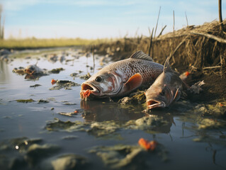 Fototapeta premium Dead fish in a dirty lake with garbage, in a bad environment, Generative AI, generative artificial intelligence