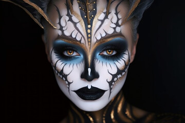 Close up shot of young woman with Halloween makeup. Creative face art, carnival and fashion concept