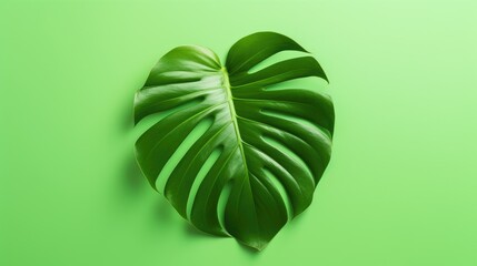 Naklejka na ściany i meble Fresh green monstera leaf isolated against a light green background. Generative AI.