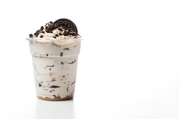 Cookies and cream milkshake in a takeaway cup isolated on white background with copy space