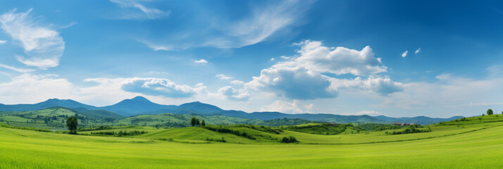 Panoramic natural landscape with a green grass field, blue sky with clouds, and mountains in the background. Panorama summer spring meadow. Generative AI.