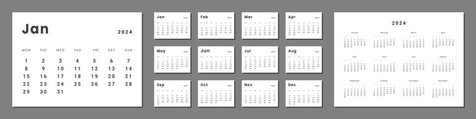Set of monthly calendar planner page templates for 2024. Vector layout of wall or desk minimalist calendar with week start on Monday for print