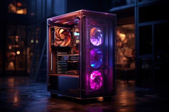 Robust and futuristic gamer computer, cpu with rgb neon lights, gaming concept. Generative AI