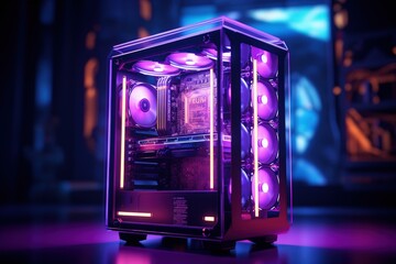 Fototapeta na wymiar Robust and futuristic gamer computer, cpu with rgb neon lights, gaming concept. Generative AI