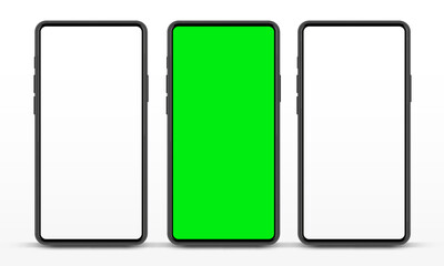 3D realistic high quality smartphone mockup with isolated background. Smart phone mockup collection. Device front view. 3D mobile phone with shadow on white background.