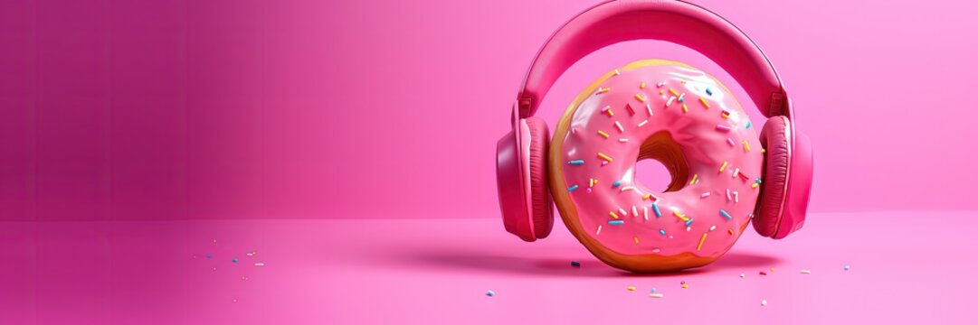Donuts with headphone on pink background, space for writing. Generative AI