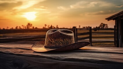 Landscape with cowboy hat and farmland, country life concept. Generative AI - obrazy, fototapety, plakaty