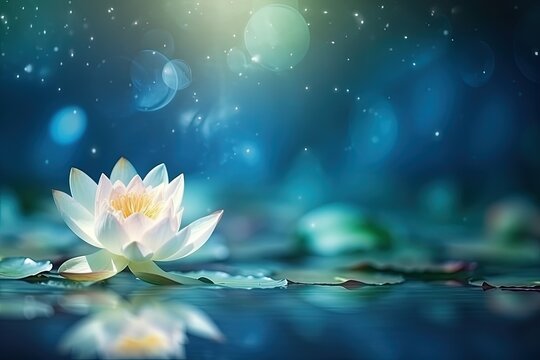 Landscape with lotus flower on water, bokeh background, logo style. Generative AI