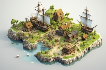 Naklejka premium Pirate treasure map in isometric 3D style. Generative AI