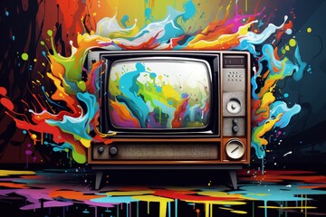 Old TV illustration on colorful background, 80s and 90s concept. Generative AI