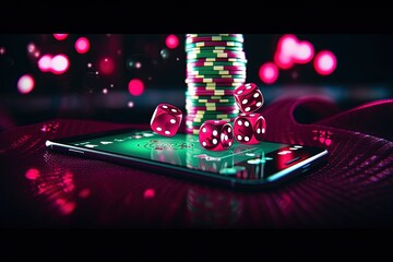 Casino dice and chips on mobile, online gambling concept. Generative AI