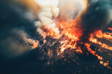 Aerial view of a devastating wildfires with smoke and flames