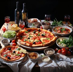 A table full with a pizza othe food and drink