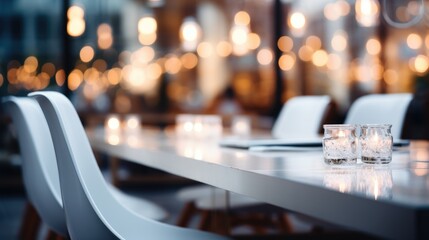 A close up of a table with glasses on it. Modern office with blurred background