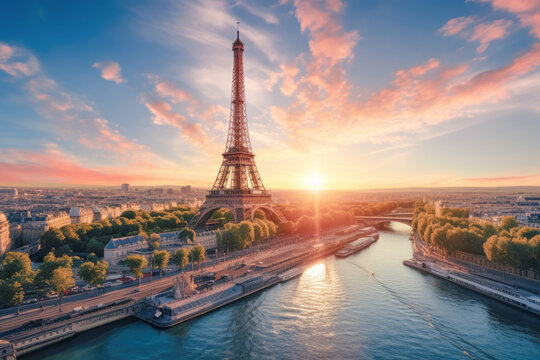 Aerial view of a sunset over majestic Paris city with Eiffel tower and Seine river.