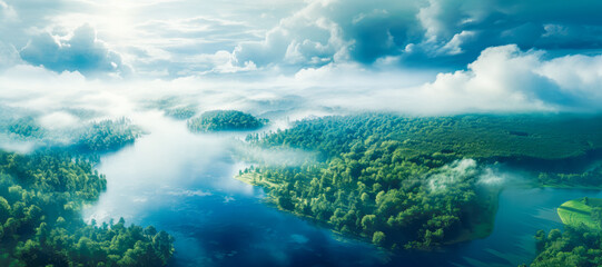Fototapeta na wymiar Aerial view of a lake and rivers and green forest. Ecology and environment.