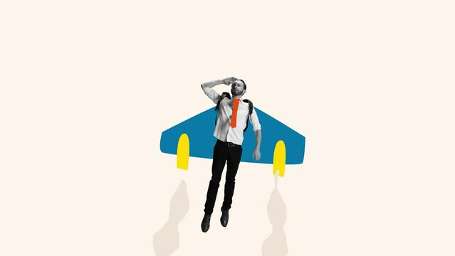 Contemporary art collage of man flying up on a plane symbolizing career growth. Stop motion, 2D animation