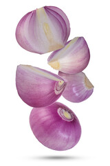 Floating or falling shallots onion slices on a white background.