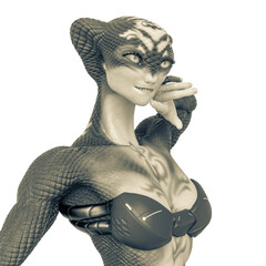 aquatic alien girl is posein for her id profile portrait like a model on bikini