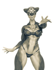 Fototapeta na wymiar aquatic alien girl is ready for some action on bikini rear view