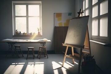 Artist's studio interior. Bright classroom for drawing.