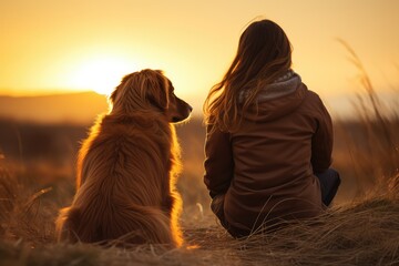 Woman with Her Dog at Sunset: Friendship and Loyalty Concept - AI Generated