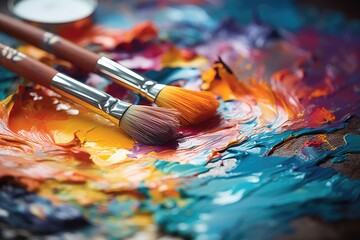Fototapeta premium Close-Up of a Painter's Palette and Brush: Art and Creativity Concept - AI Generated