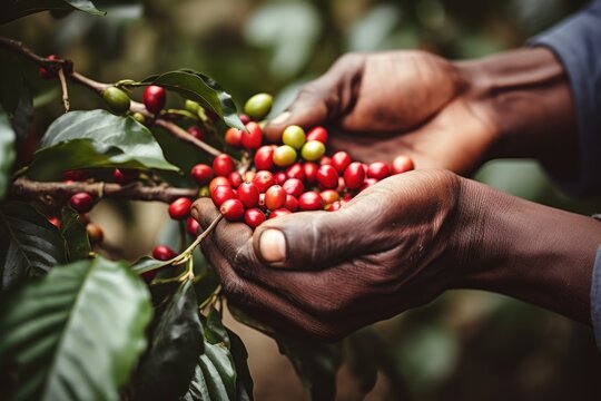 Hands picking coffee beans from a tree. Digital image.