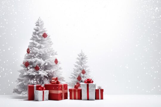 Christmas banner with white fur tree and red gift boxes on white studio background. 3d render style. Generative AI. copy space