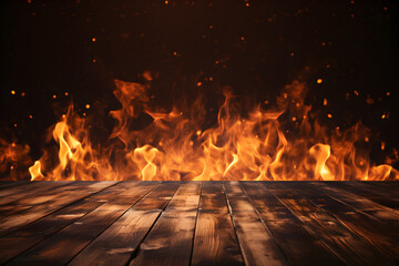 Wooden Table with Fire Background for Sizzling Grilled Food Promotion