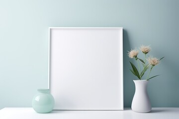 A vase and a picture frame on a table. Mockup for your art project, poster, illustration or lettering.