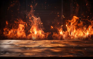 Empty Wooden Table with Fire Effect for Grilled food space