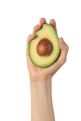 Avocado in female hands on a white isolated background