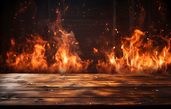 Empty Wooden Table with Fire Effect for Grilled food space