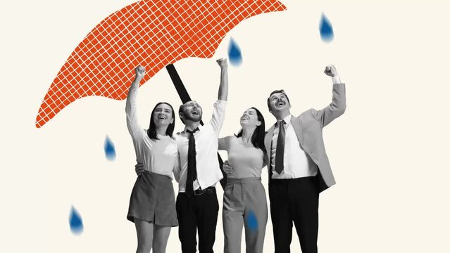 Contemporary art collage. Group of people, employees standing under umbrella. Stop motion, 2D animation
