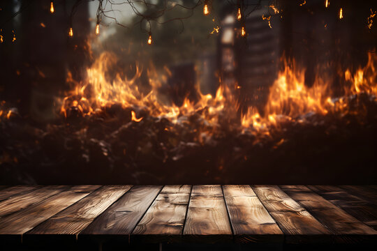 Wooden Table with Fire Background for Food Promotion