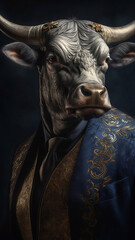 A character portrait of a Bull dressed in an elegant and formal business suit anthropomorphic businessman. Human enhanced.