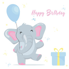 Happy birthday elephant. Gray elephant. Elephant with a ball. Happy elephant thanks. Gray and pink elephant. Postcard. Vector illustration